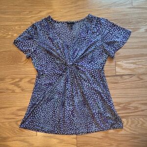 Stretchy Purple Patterned Gathered Bust V Neck with Flutter Short Sleeves